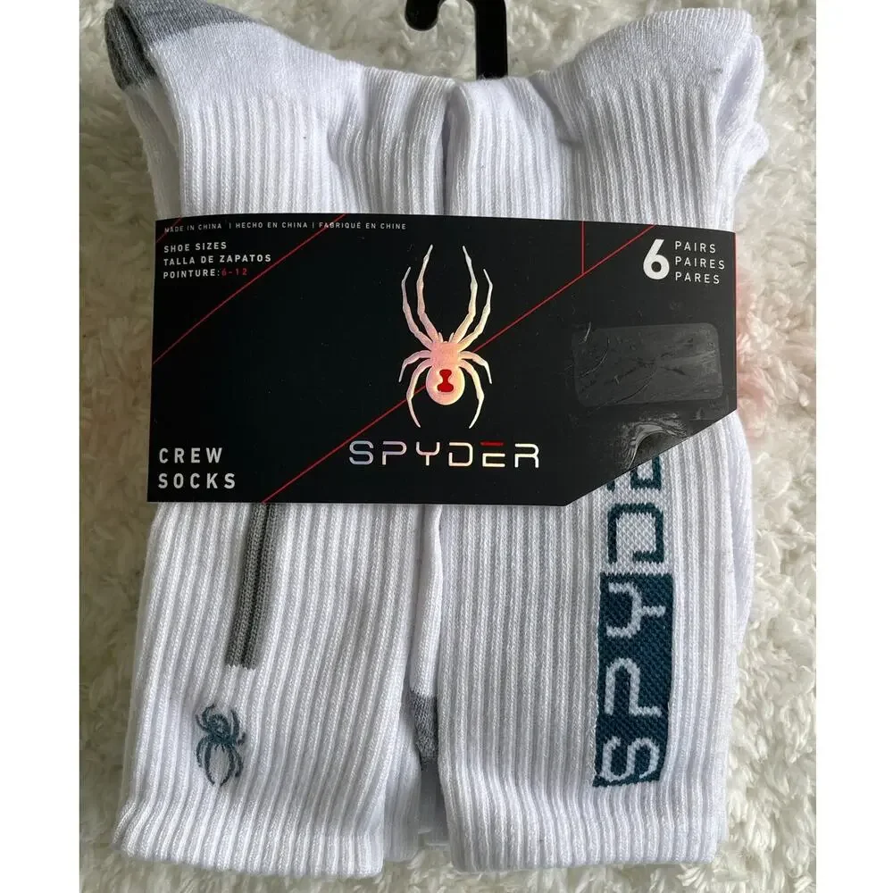 Spyder White Gray Crew Socks 6 pairs NEW Mens Size 6-12 Sports Everyday Comfort
